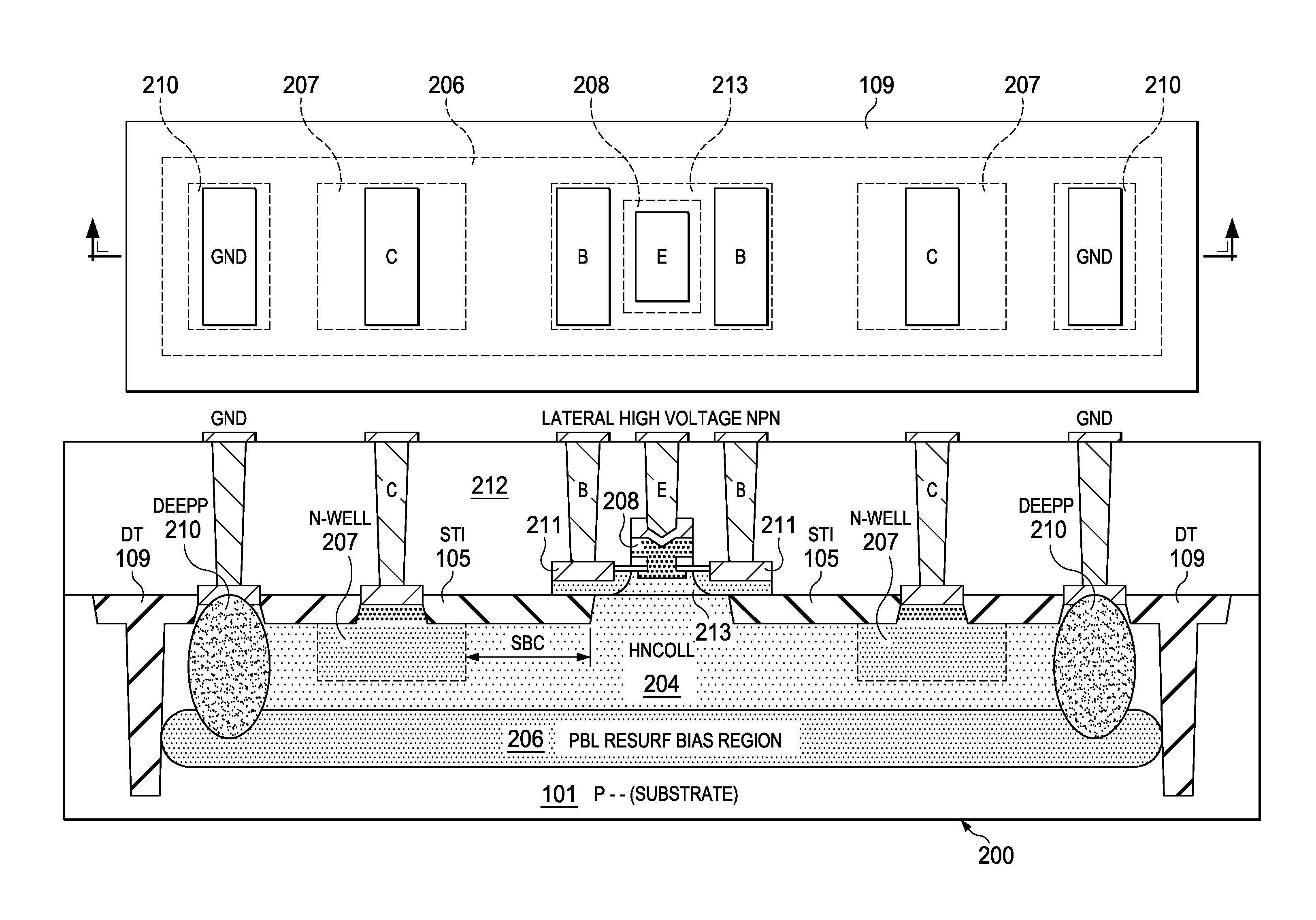 Method for creating the high voltage complementary bjt with lateral collector on bulk substrate with resurf effect