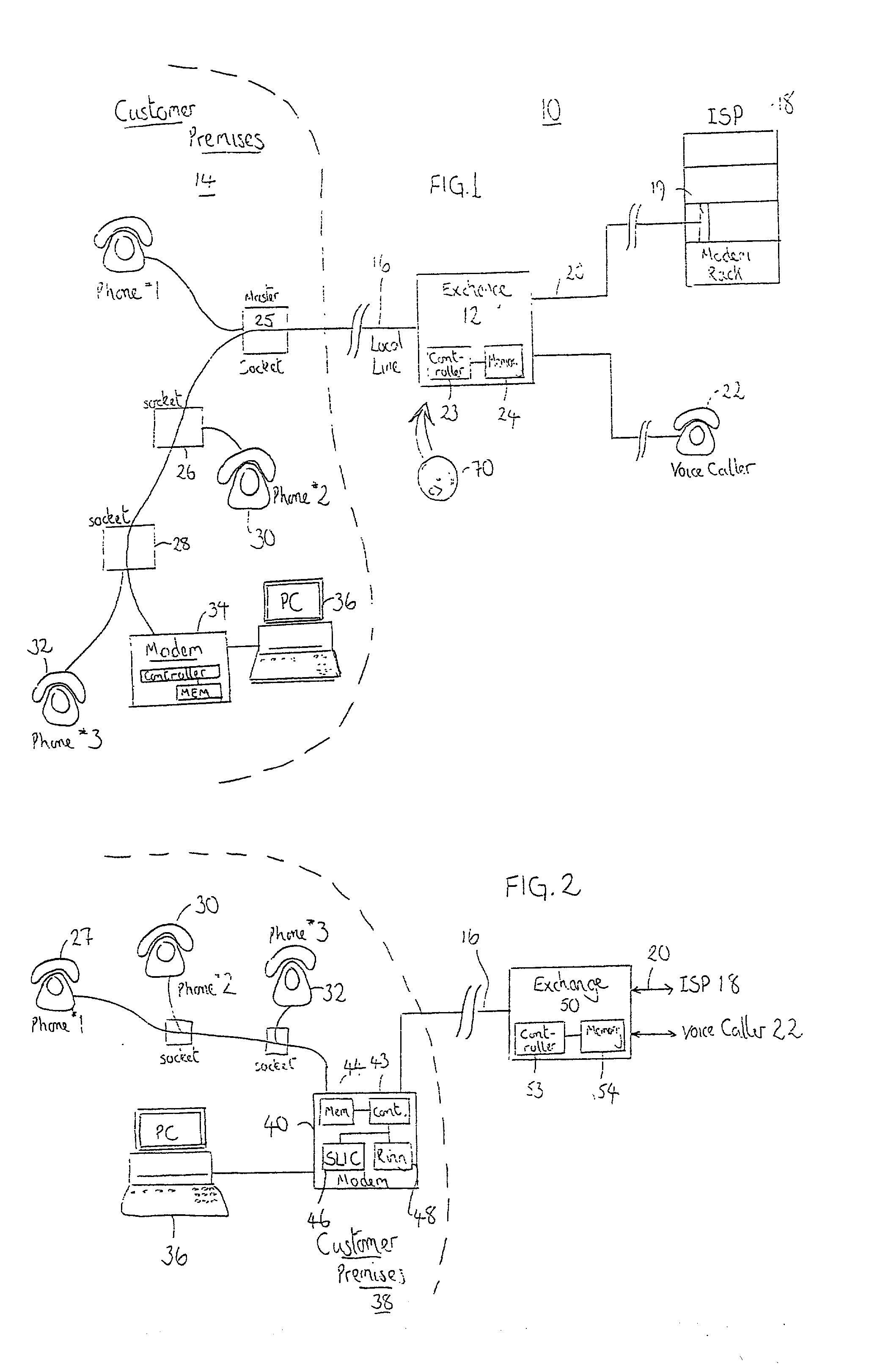 Modem and system with call waiting switching facilities and method of supporting customer access to a service provider