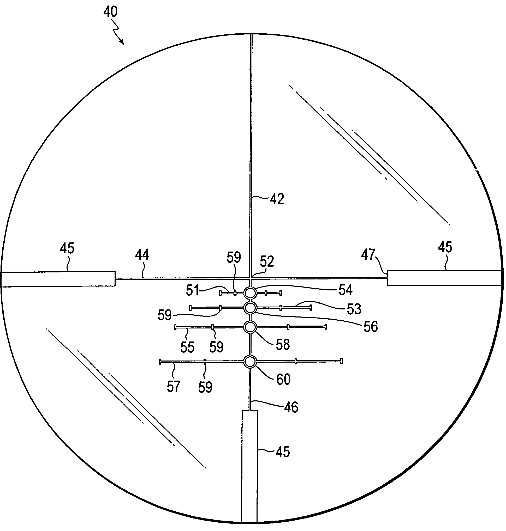 Gun sight reticle having open sighting areas for bullet drop compensation