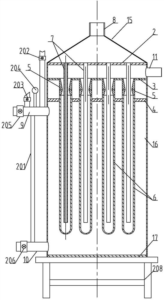 High-temperature powder-containing gas cooling treatment and heat recovery device