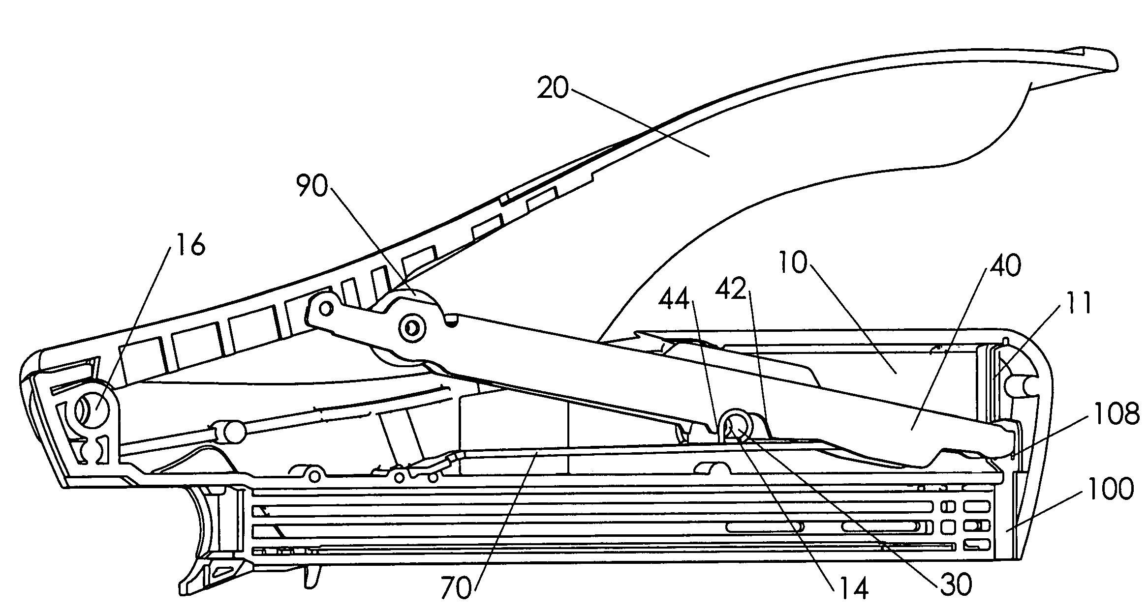 Spring energized stapler lever fulcrum in low position