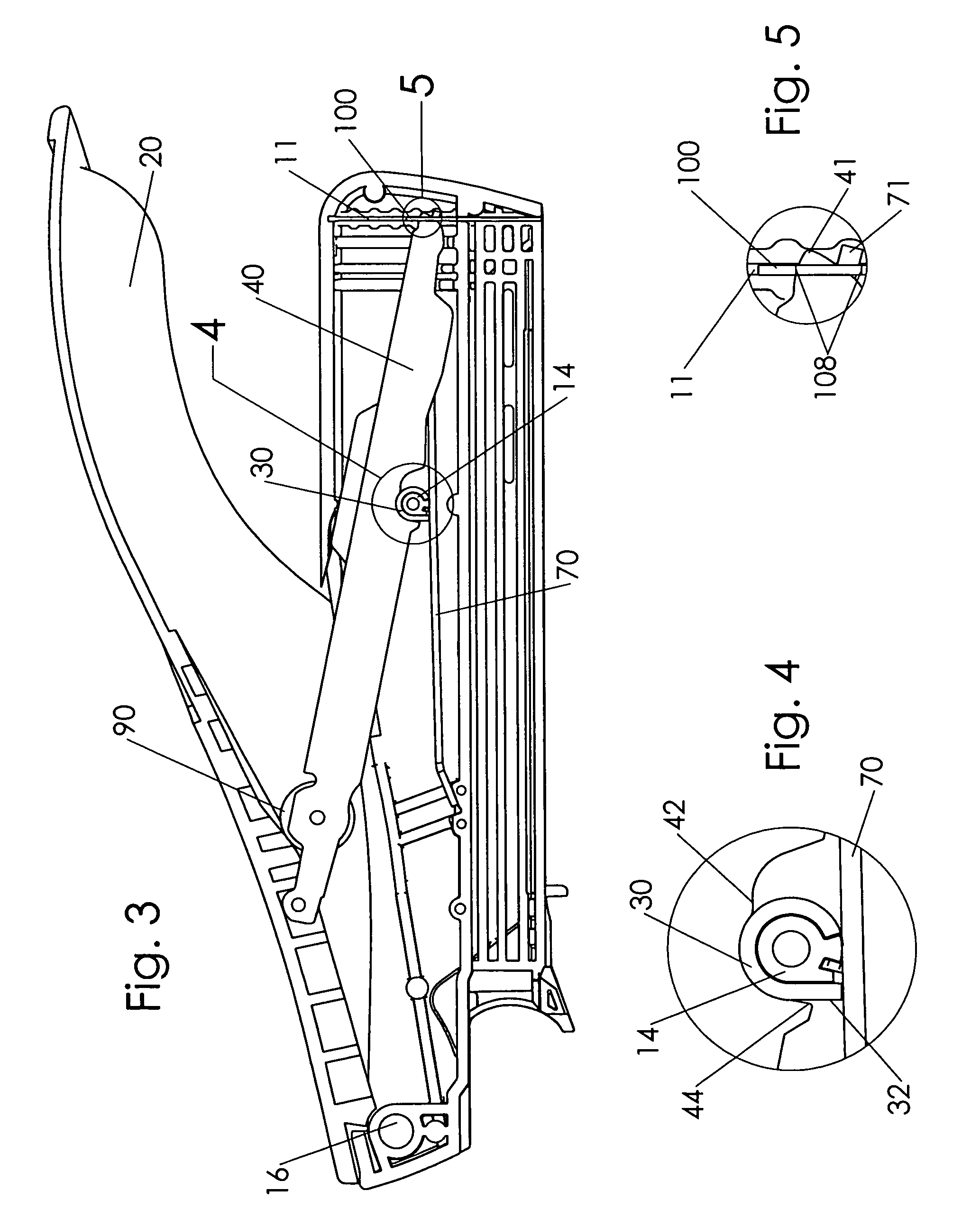 Spring energized stapler lever fulcrum in low position