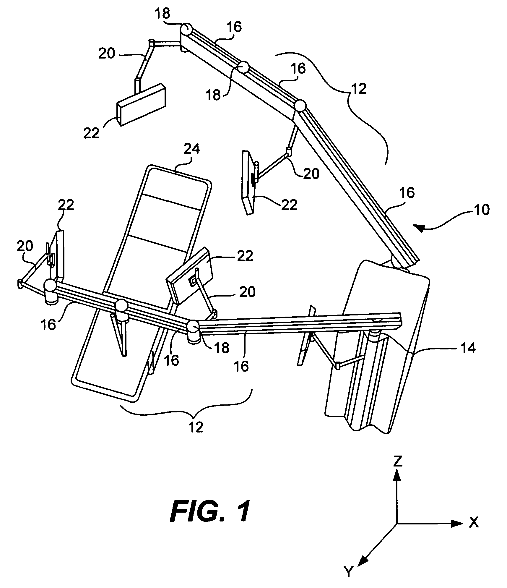 Articulated boom for positioning video and medical equipment in hospital operating rooms