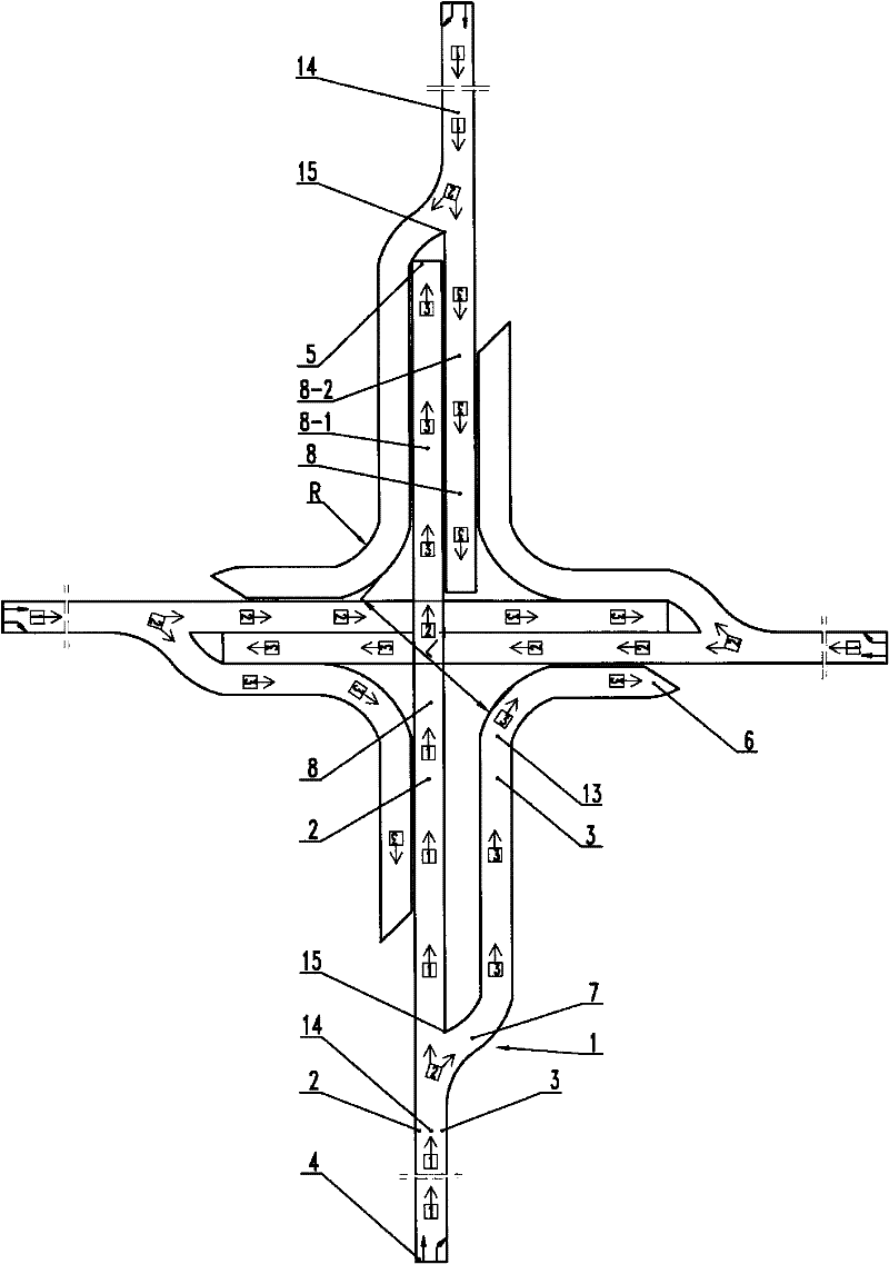 Combined bridge consisting of four independent left-handed long-short Y-shaped bifurcate bridges