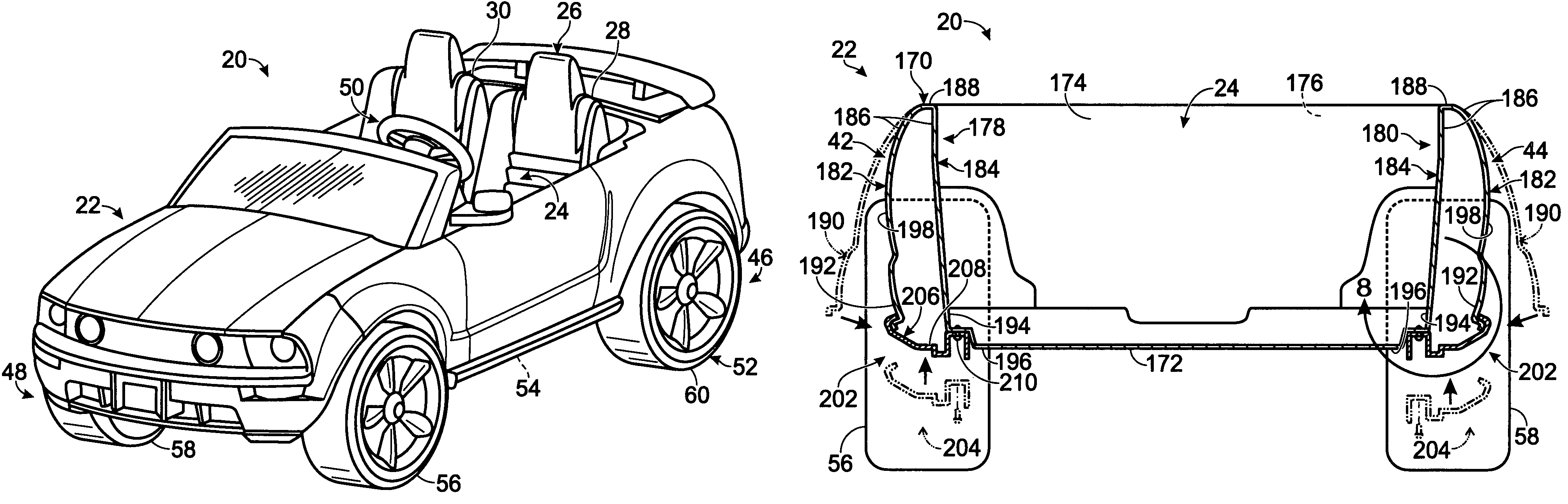 Children's ride-on vehicles with reconfigured bodies and methods for forming the same