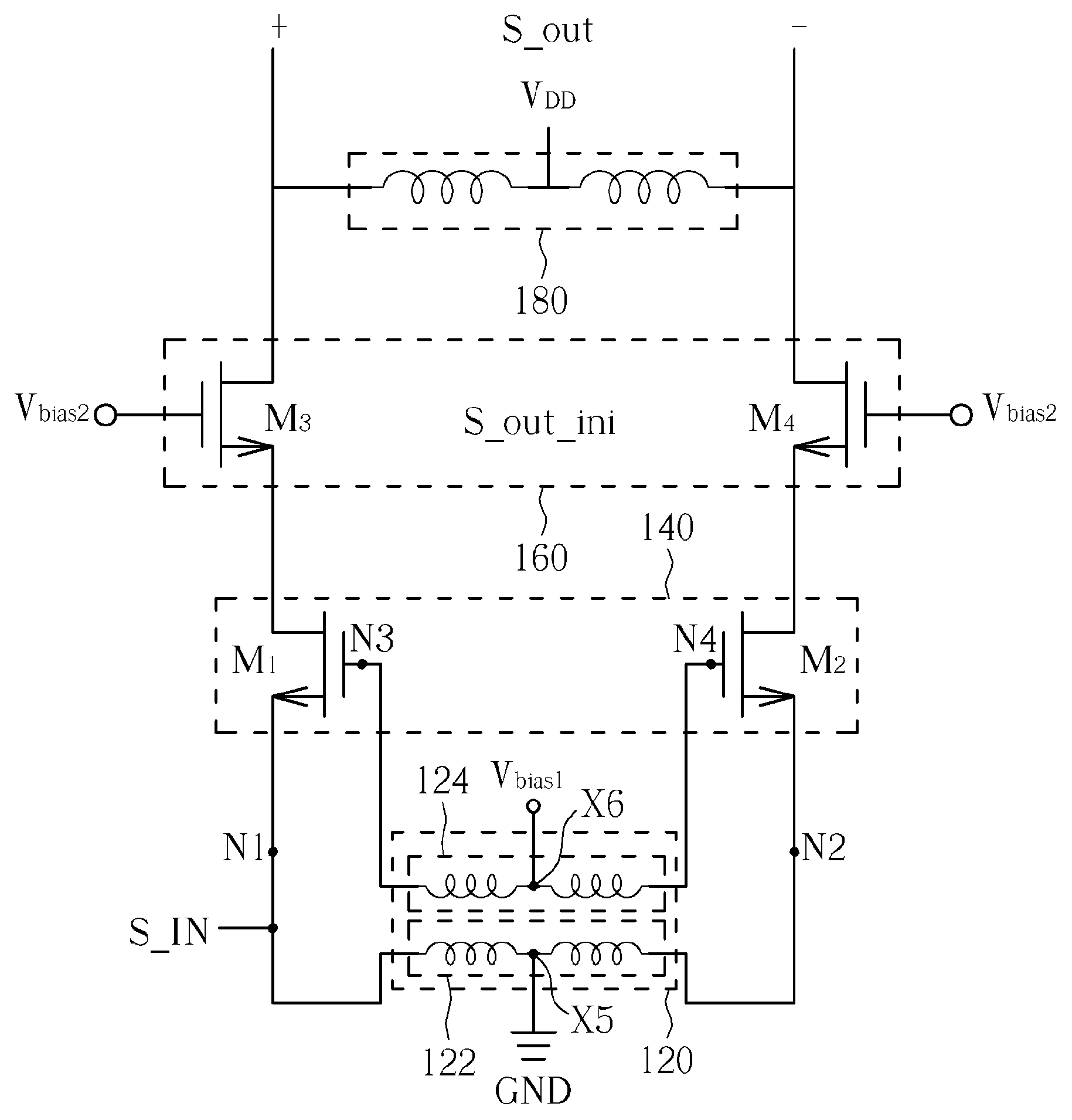 Amplifier with gain circuit coupeld to primary coil of transformer