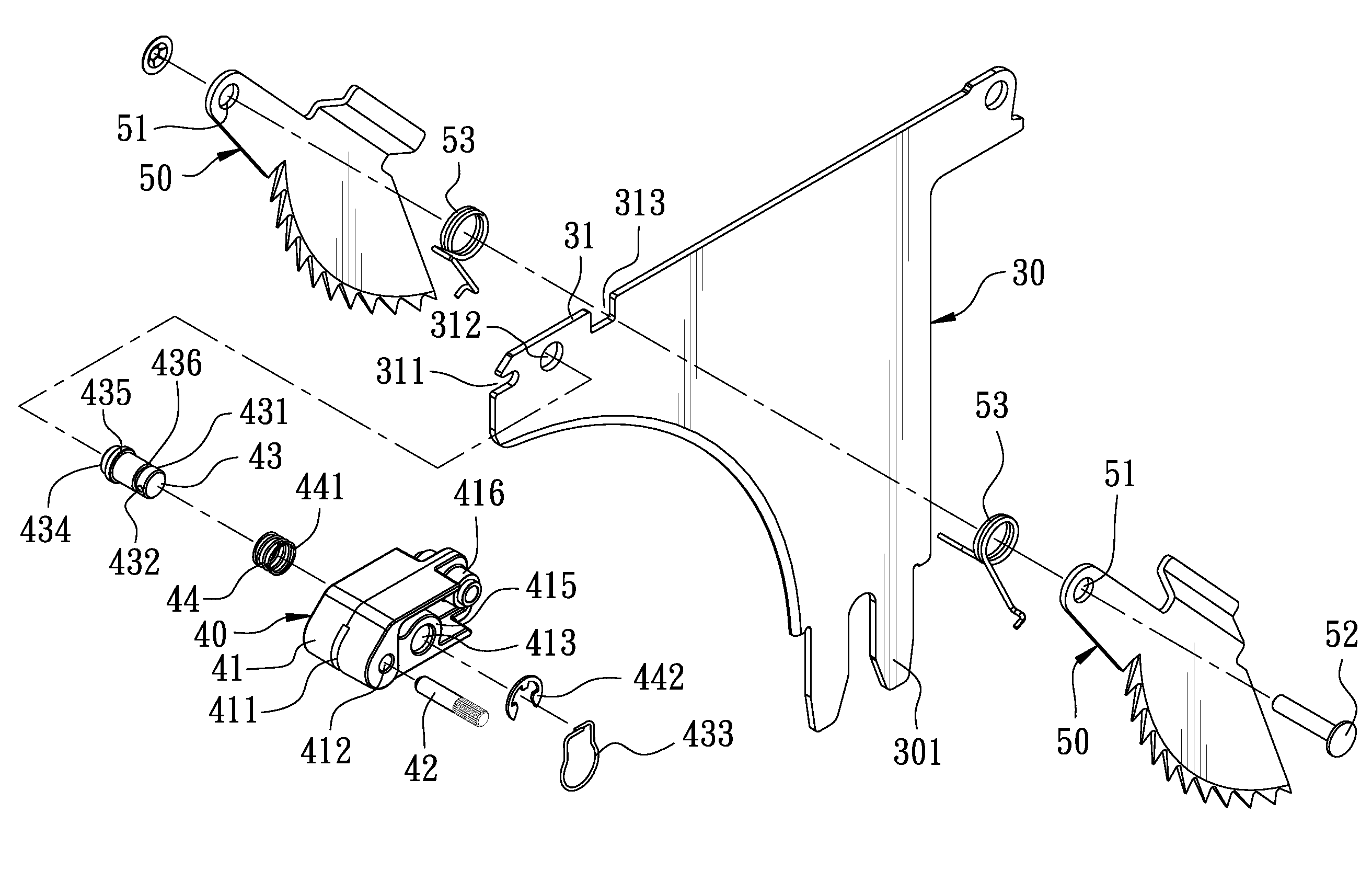 Quickly assembled and disassembled non-return plate for a table sawing machine