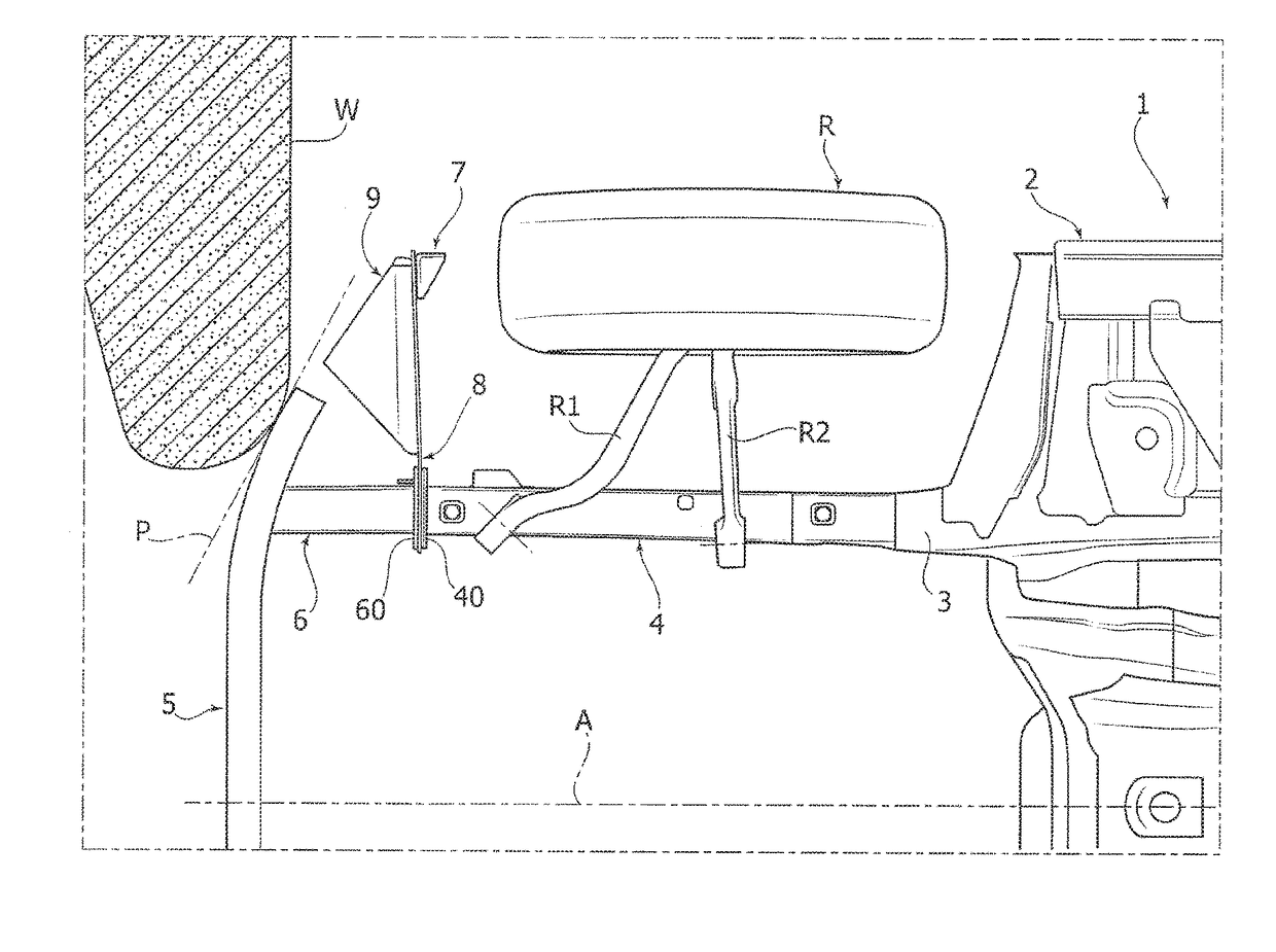 Safety device for orienting a motor-vehicle front wheel transversally to the longitudinal direction following a collision