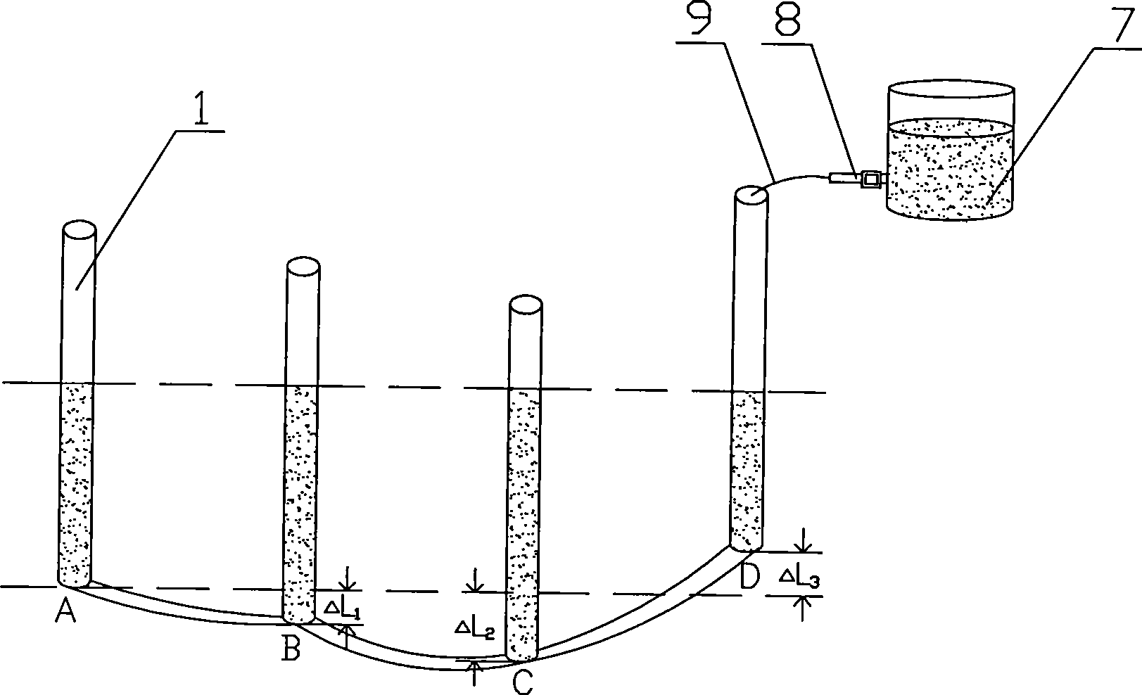 Method for measuring vertical displacement by hydraulic pressure and temperature and device thereof