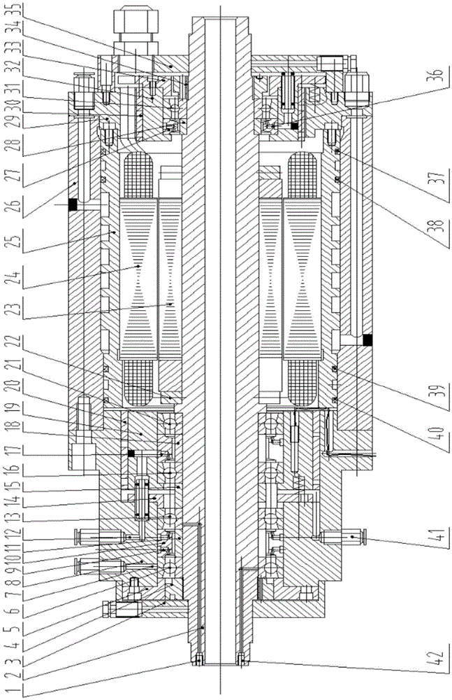 High-speed electric main shaft device where ultra-precise angular contact ball and cylindrical roller bearings are used