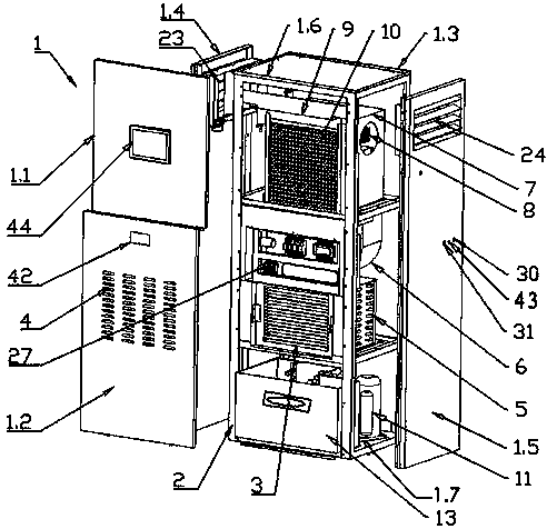 A device for purifying, disinfecting, humidifying, dehumidifying, and dehumidifying