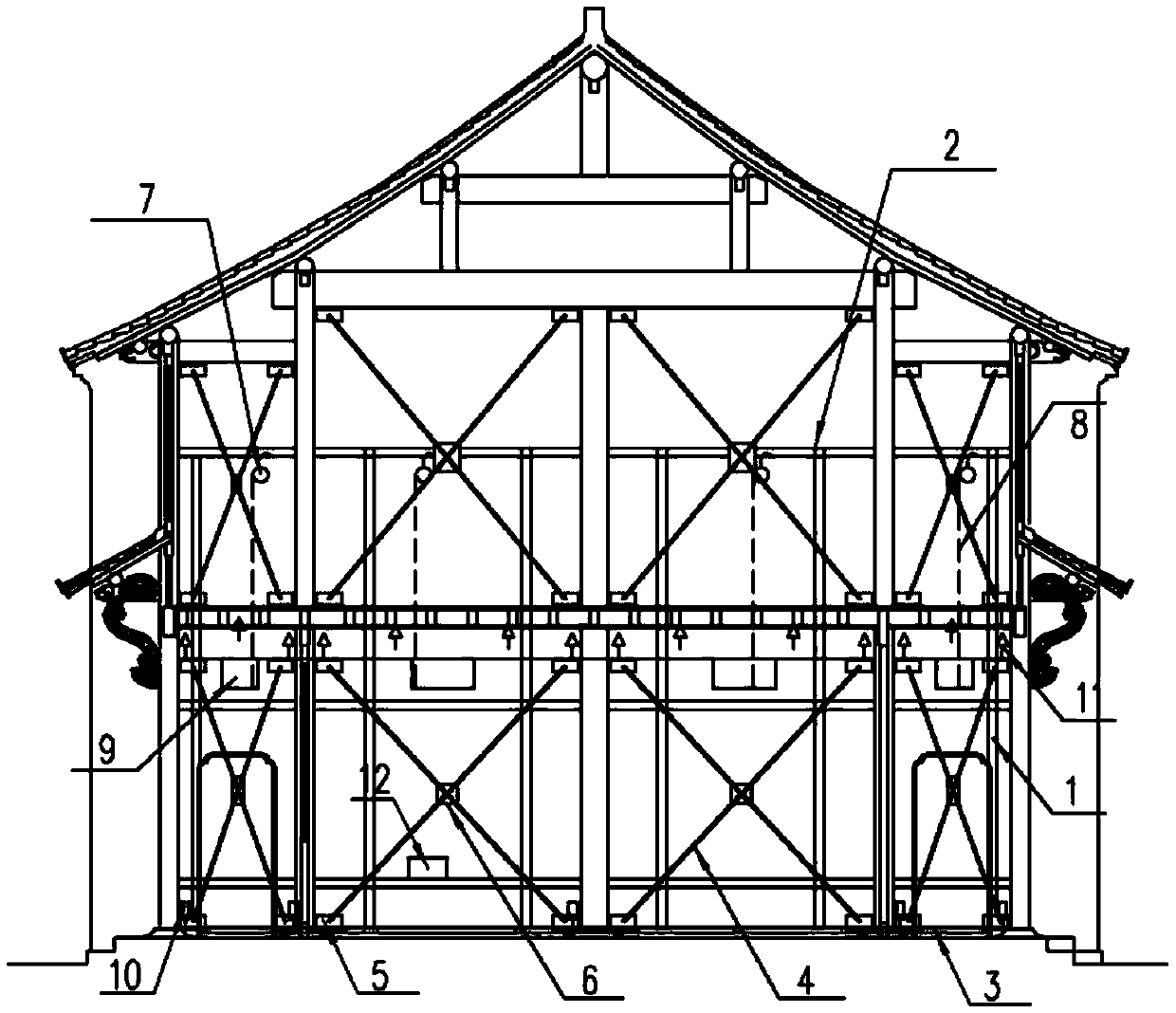 Integral synchronous lifting method for wood structure of ancient building