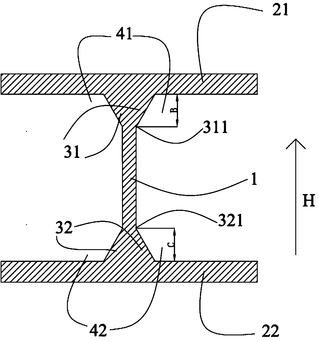 H-shaped steel with rib and concrete structure of H-shaped steel with rib