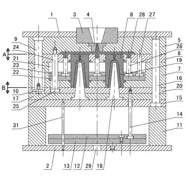 Mechanism for snapping pin-point gate through stationary mold push plate for injection mold