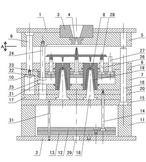 Mechanism for snapping pin-point gate through stationary mold push plate for injection mold