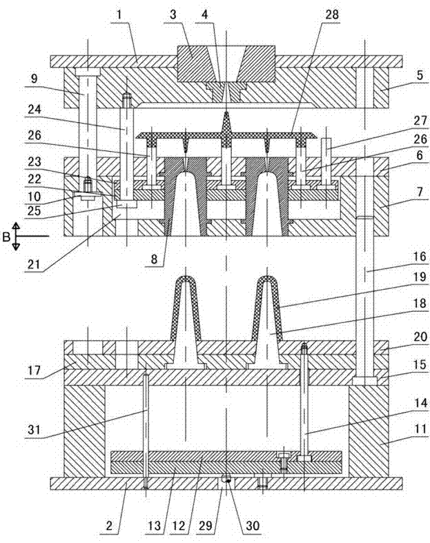 Mechanism for snapping pin-point gate through stationary mold push plate for injection mold