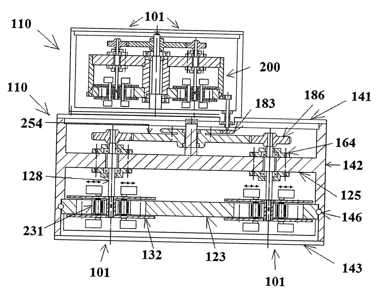 Machine generating centrifugal forces from eccentrics with variable radius