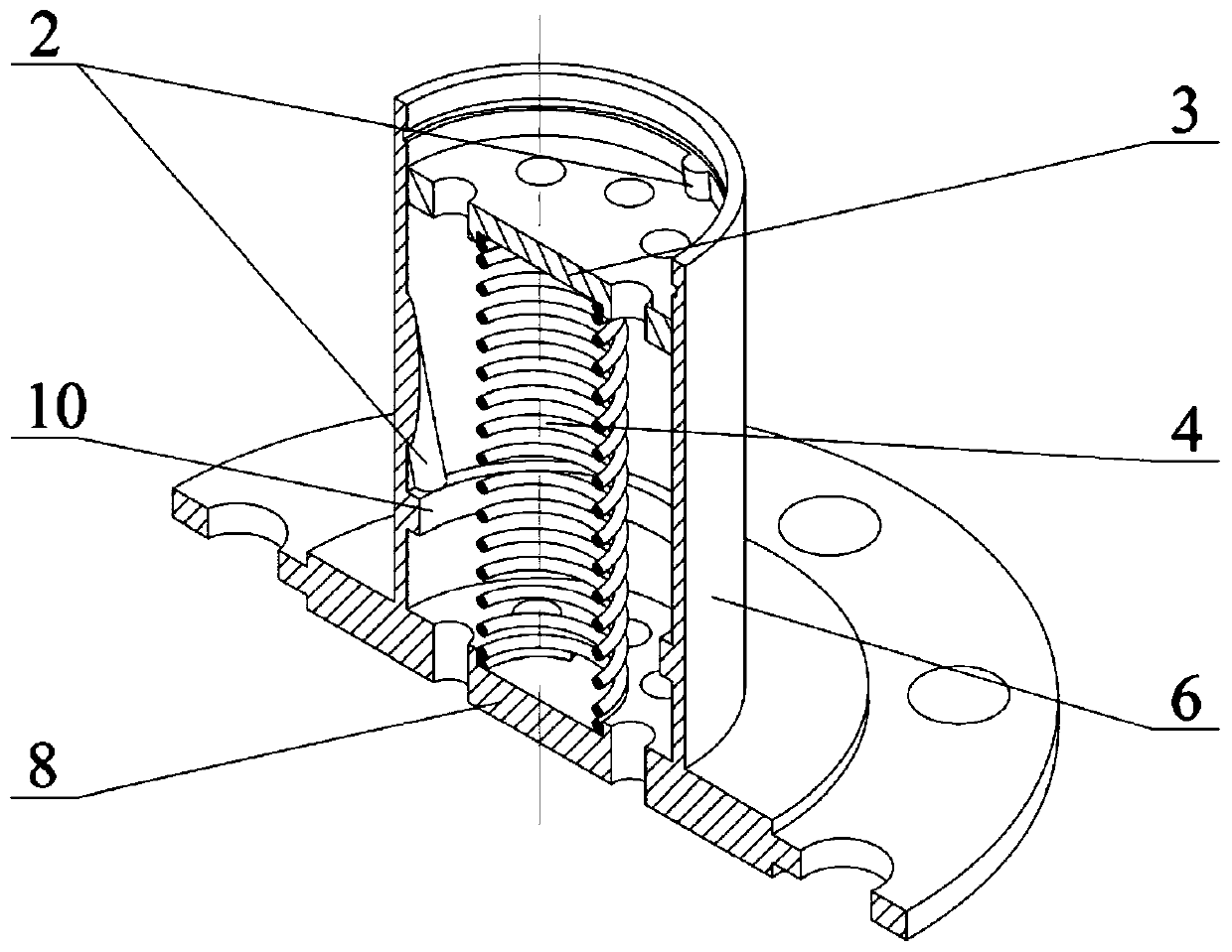 A multi-stage orifice buffer spiral guide rail voltage stabilizing device and method thereof