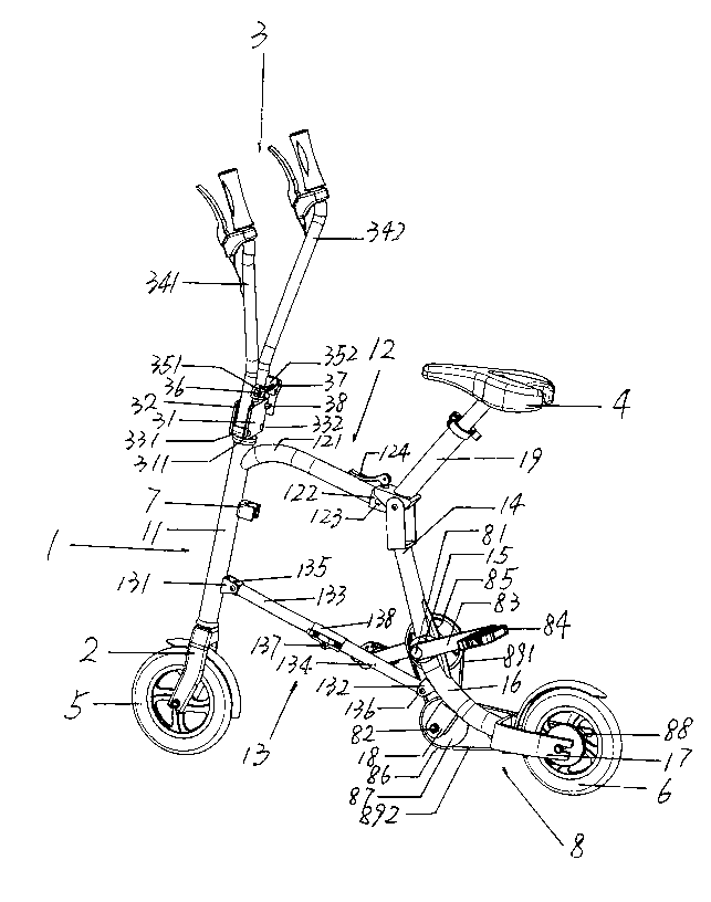 V-handlebar portable bicycle normally walked after being folded