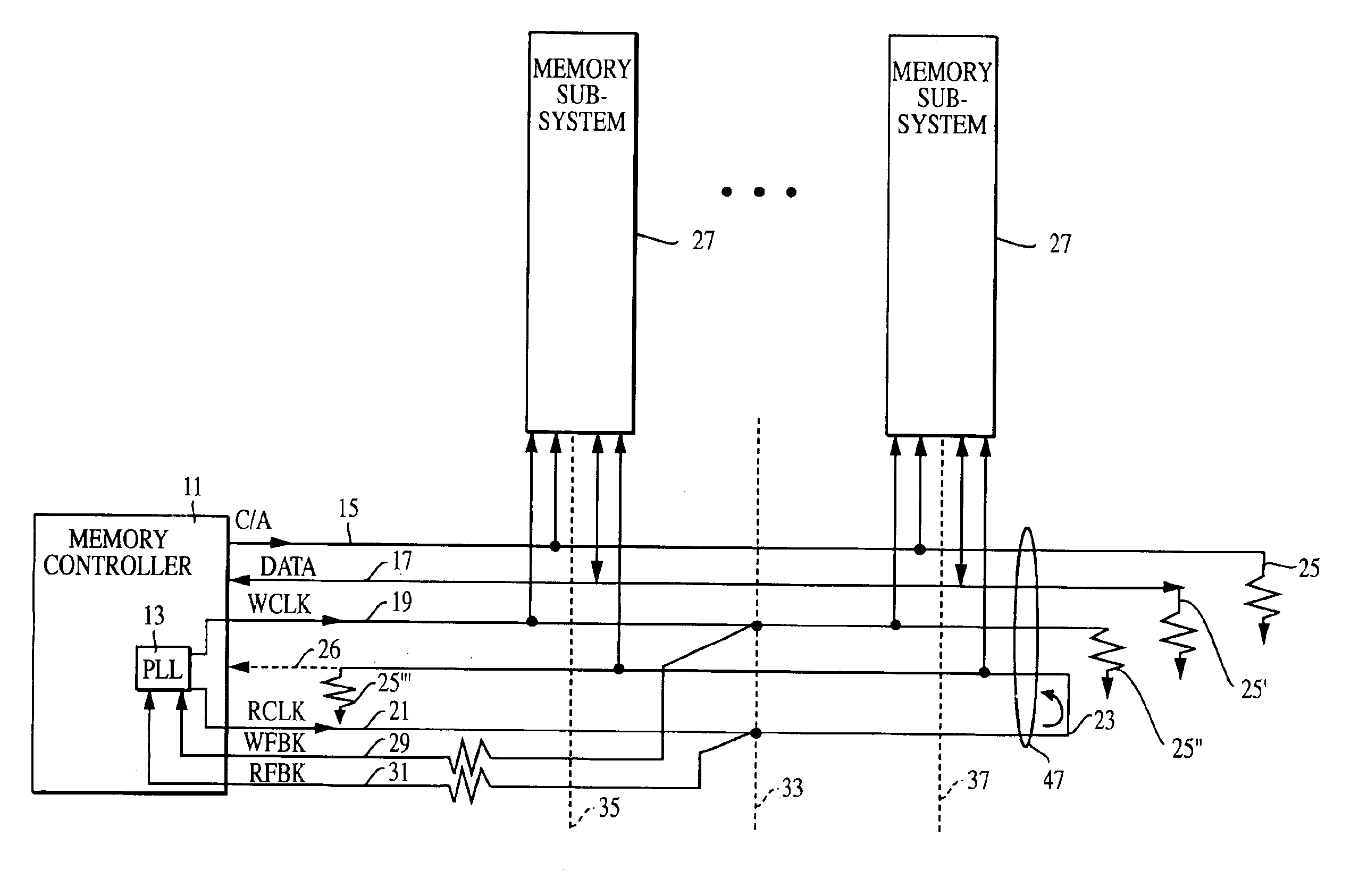 Memory system that sets a predetermined phase relationship between read and write clock signals at a bus midpoint for a plurality of spaced device locations