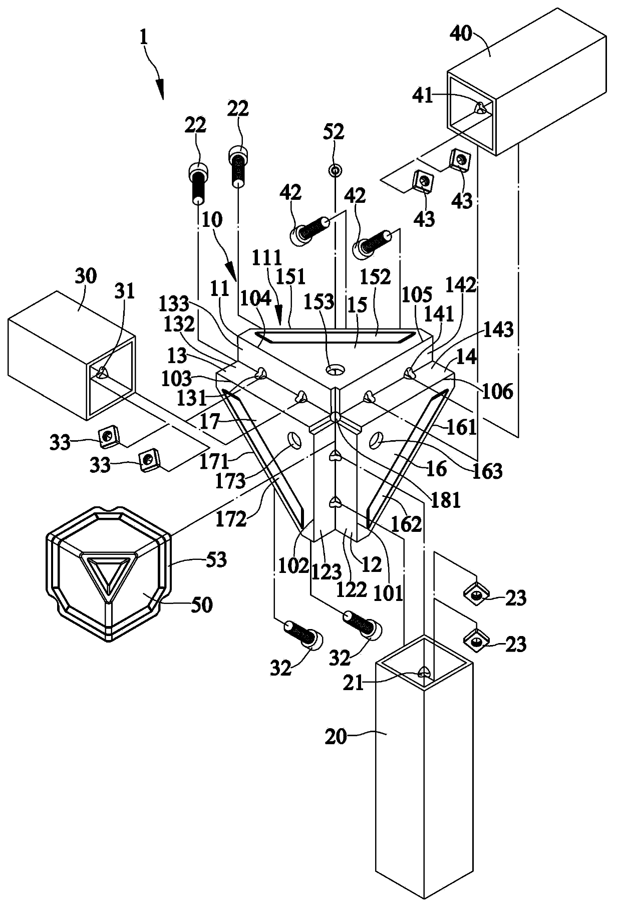 Connector of assembling frame and assembling frame formed by means of connector