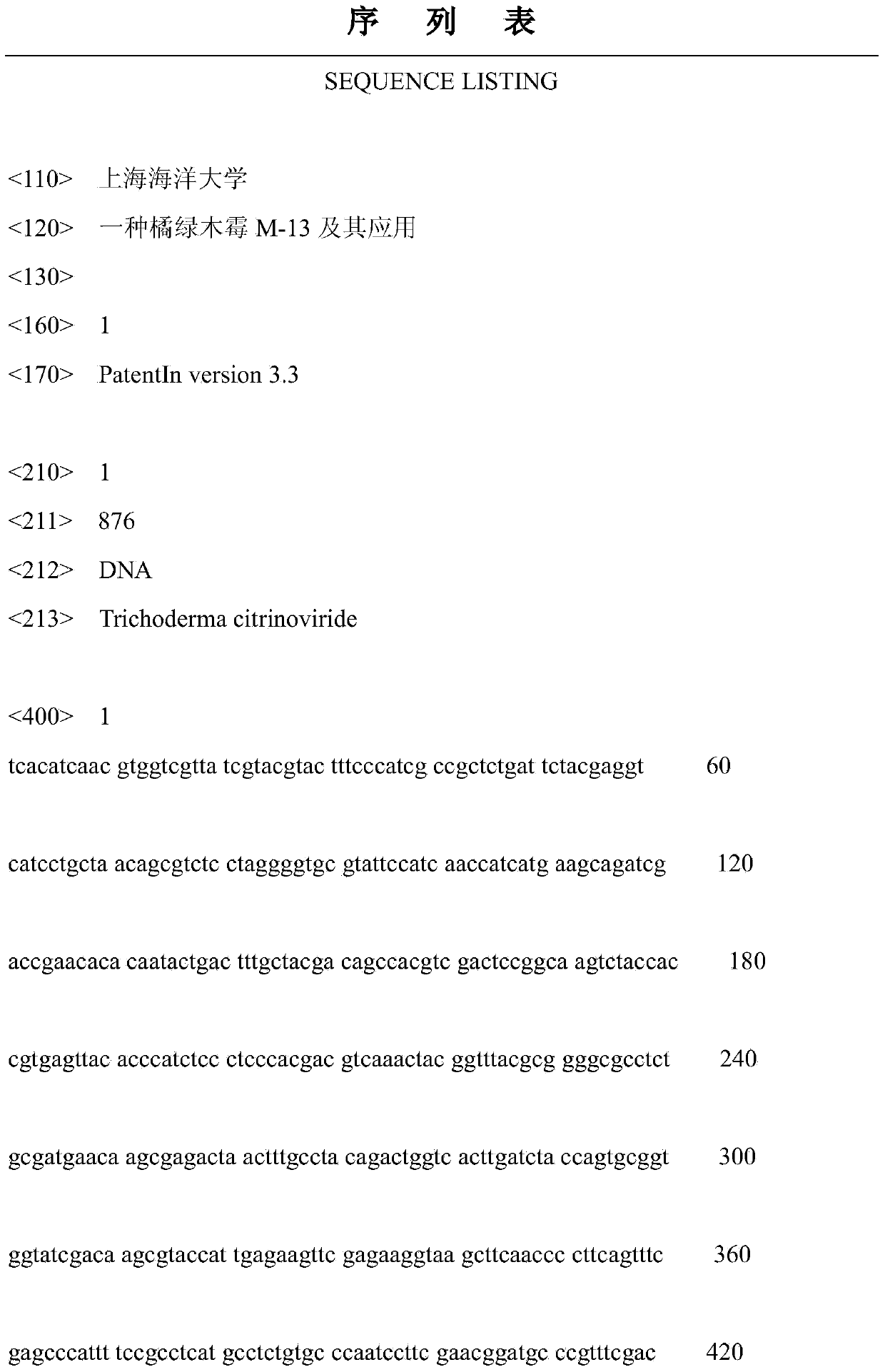 Trichoderma citrinoviride M-13 and application thereof