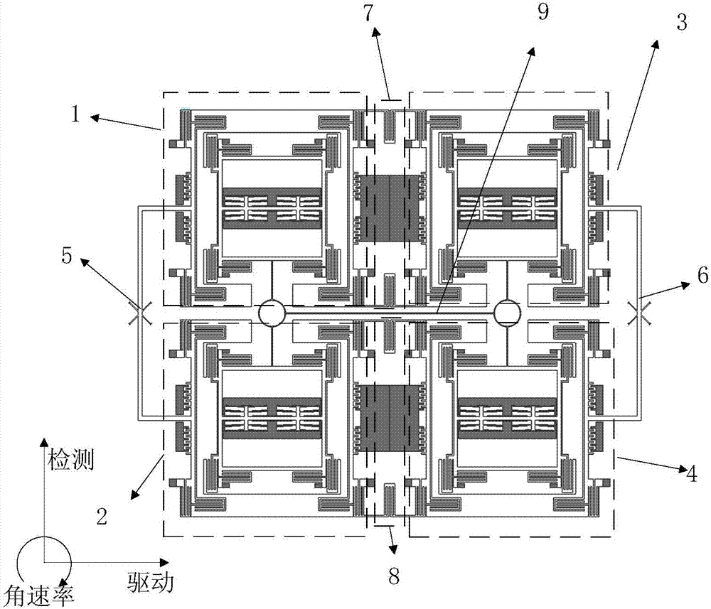 Four-mass block micromechanical gyroscope capable of being directly coupled in angular rate sensitive direction