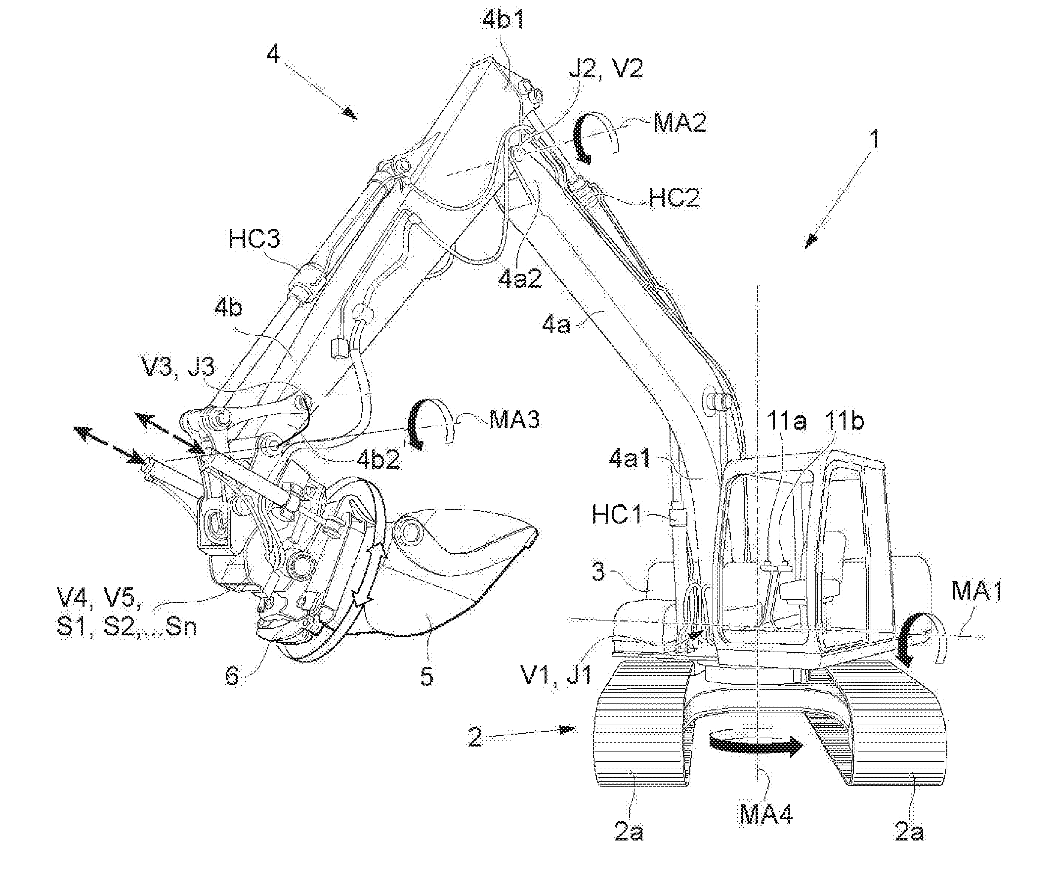 System and methods for with a first and a second hand operated control, controlling motion on a work tool for a construction machine