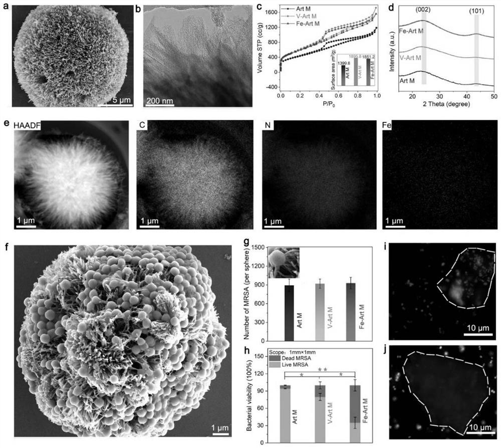 Hedgehog-shaped catalytic material with atomic catalytic center and application of hedgehog-shaped catalytic material in preparation of antibacterial drugs