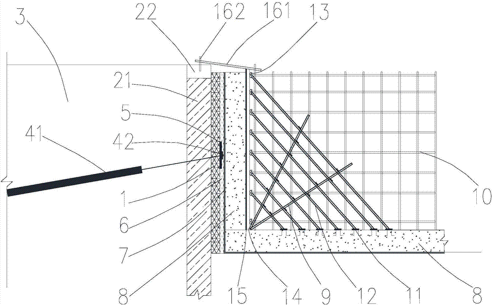 Supporting-retaining protection structure for underground continuous side wall not subjected to trough excavation, and construction method thereof