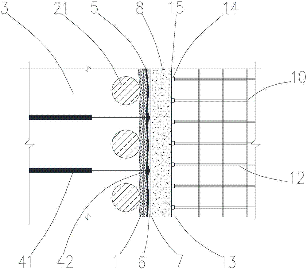 Supporting-retaining protection structure for underground continuous side wall not subjected to trough excavation, and construction method thereof