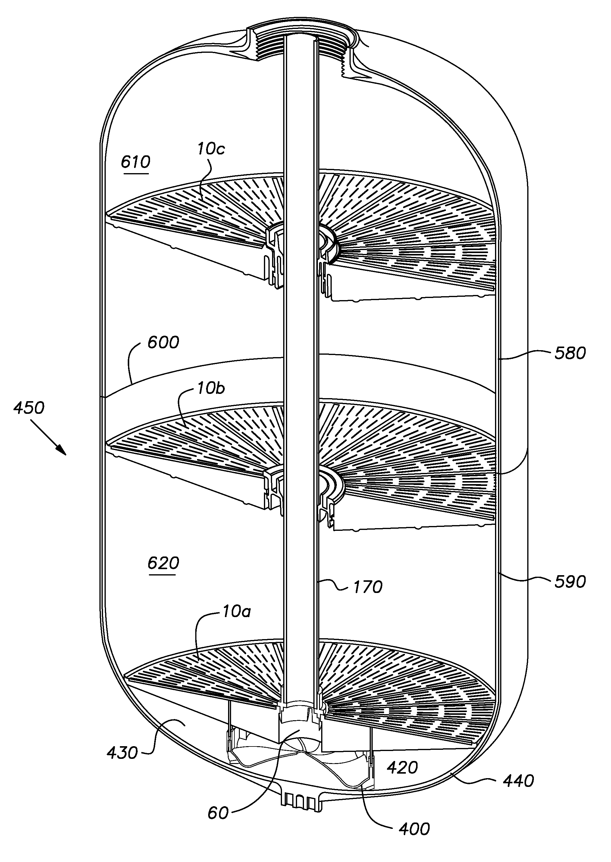 Flow-control supports for distributor plates in composite pressure vessel assemblies