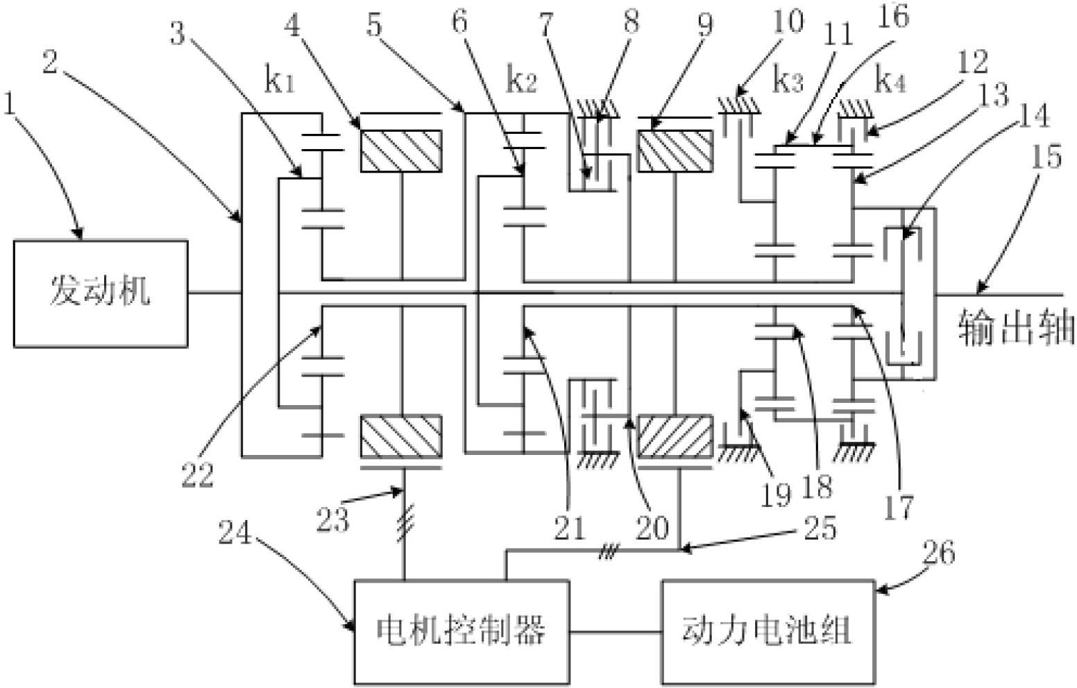 Three-section-type electromechanical composite stepless transmission device for wheel-type load-carrying vehicle