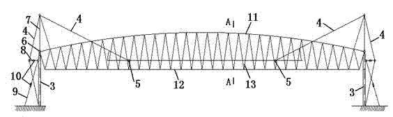 Extra-large-span cross-section-variable pre-stressed normally placed evacuating quadrangular pyramid space grid and manufacturing method thereof