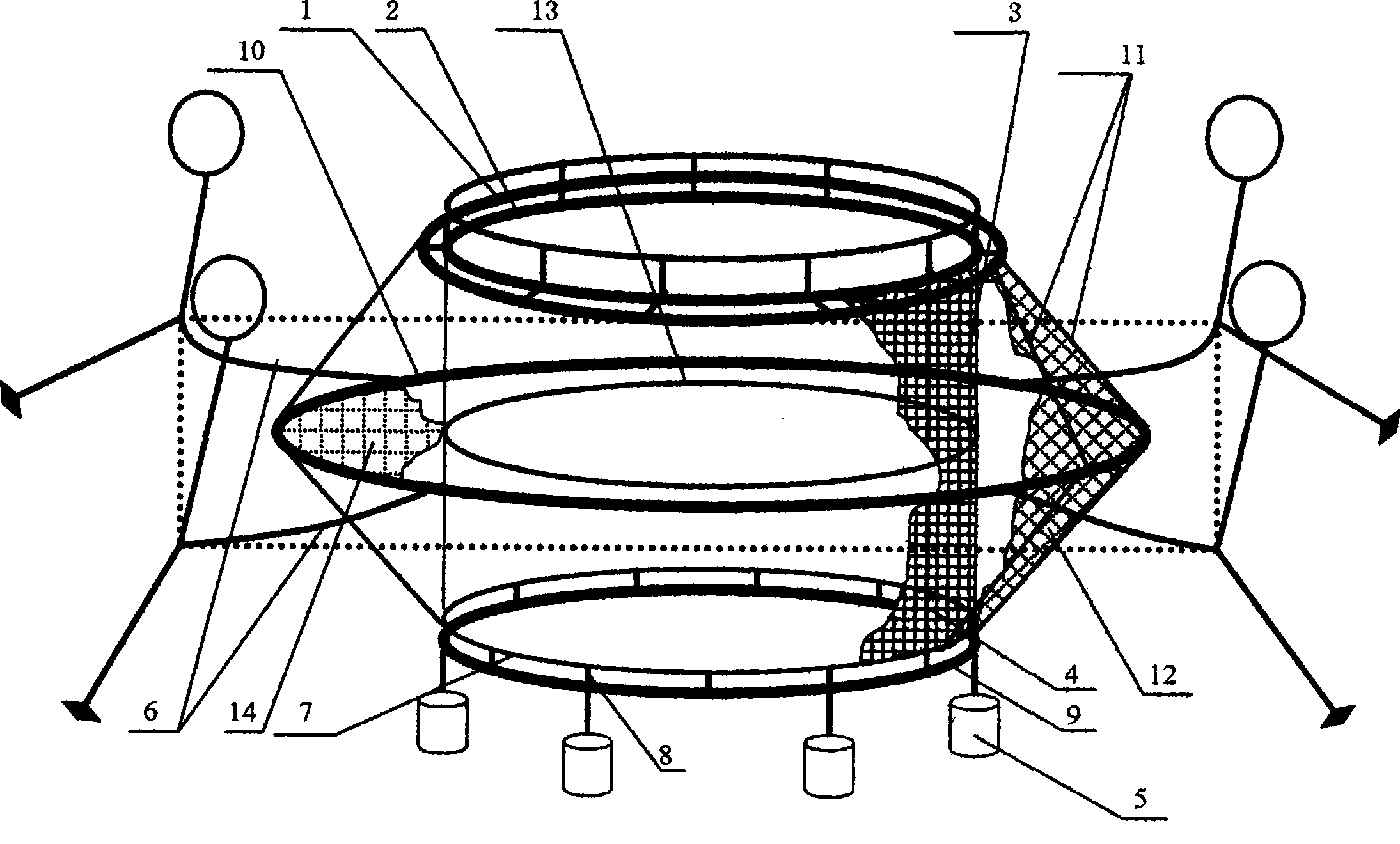 Self-reducing flow low-shape change off land deep water net cage