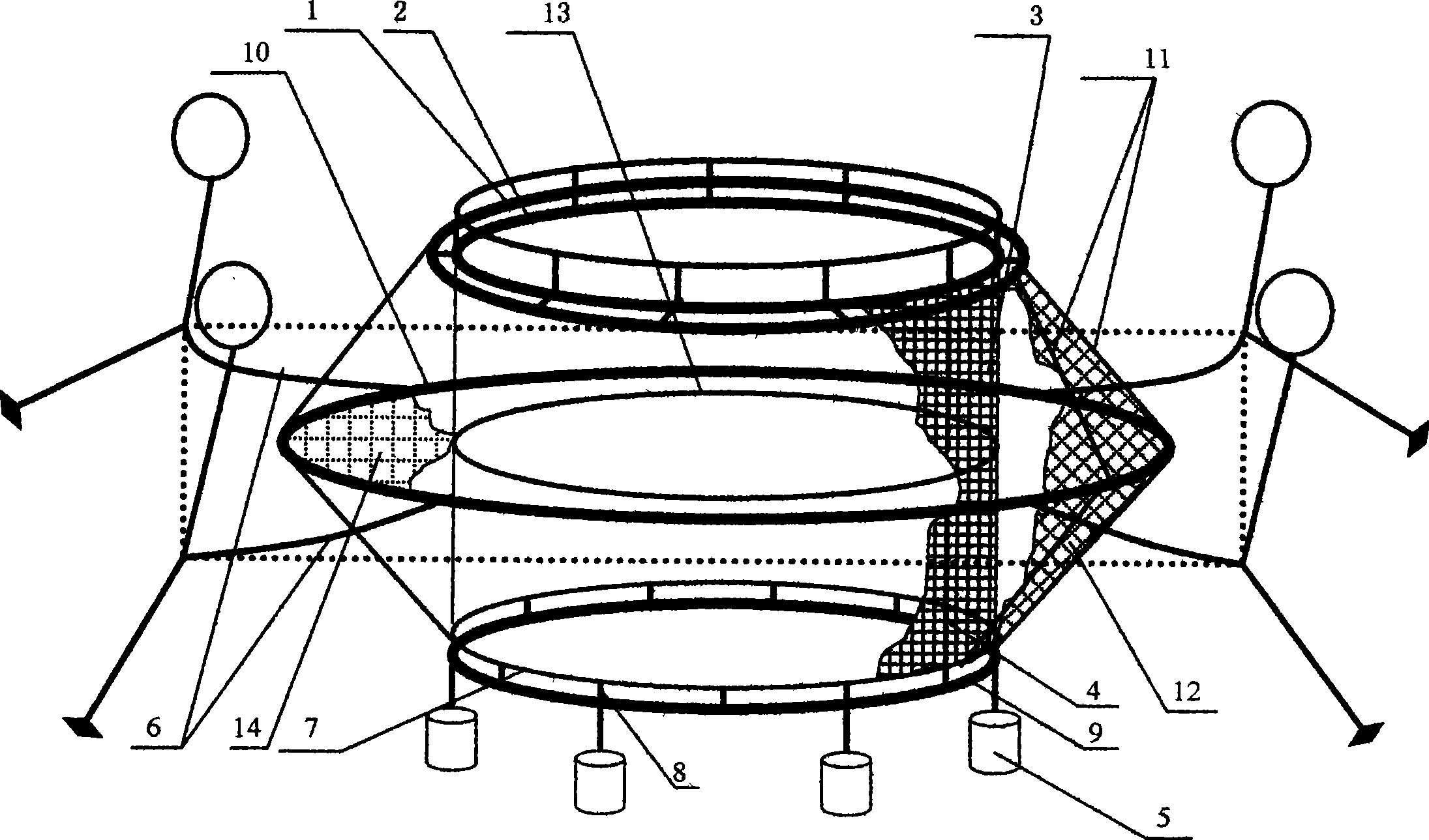 Self-reducing flow low-shape change off land deep water net cage