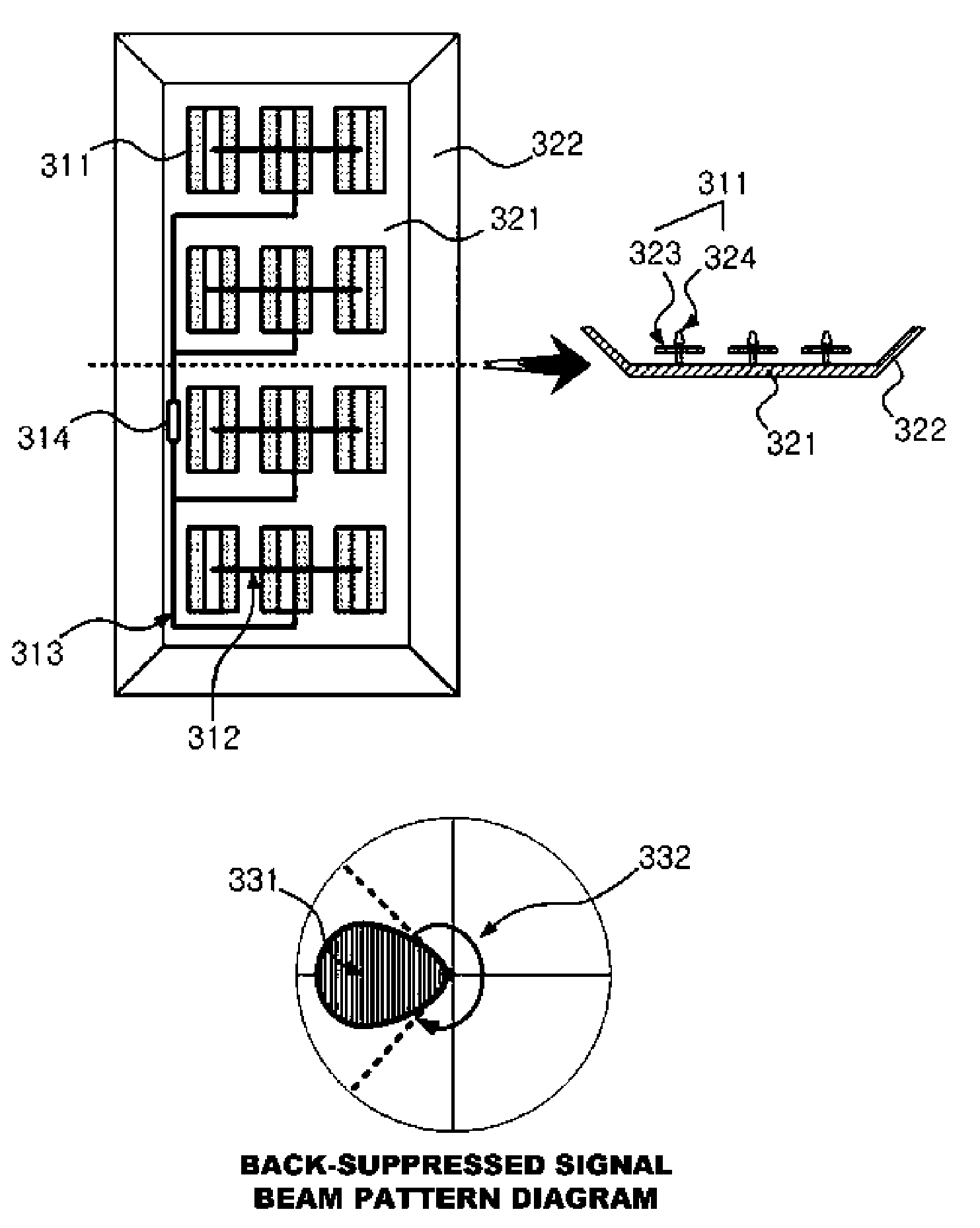 Array antenna for suppressing back signal and method for designing the same