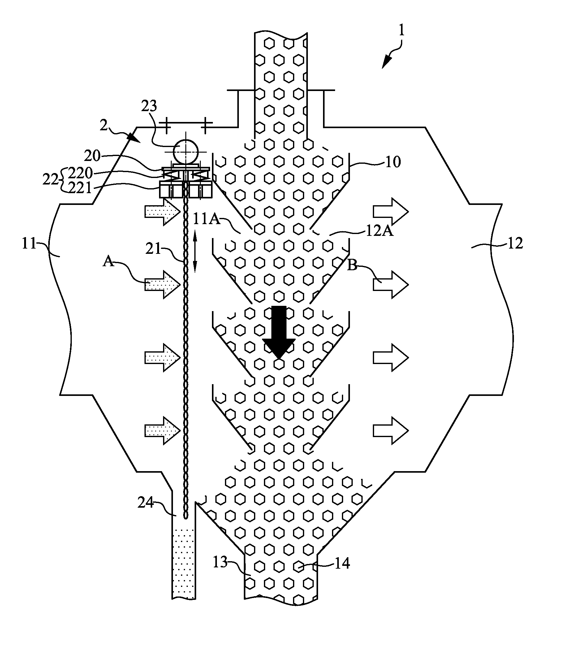 Gas distributor for granular moving-bed filter