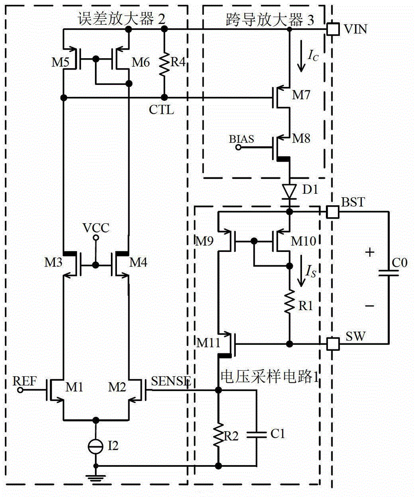 Bootstrap type charging circuit applied to high-voltage DC-DC (Direct Current-Direct Current) convertor