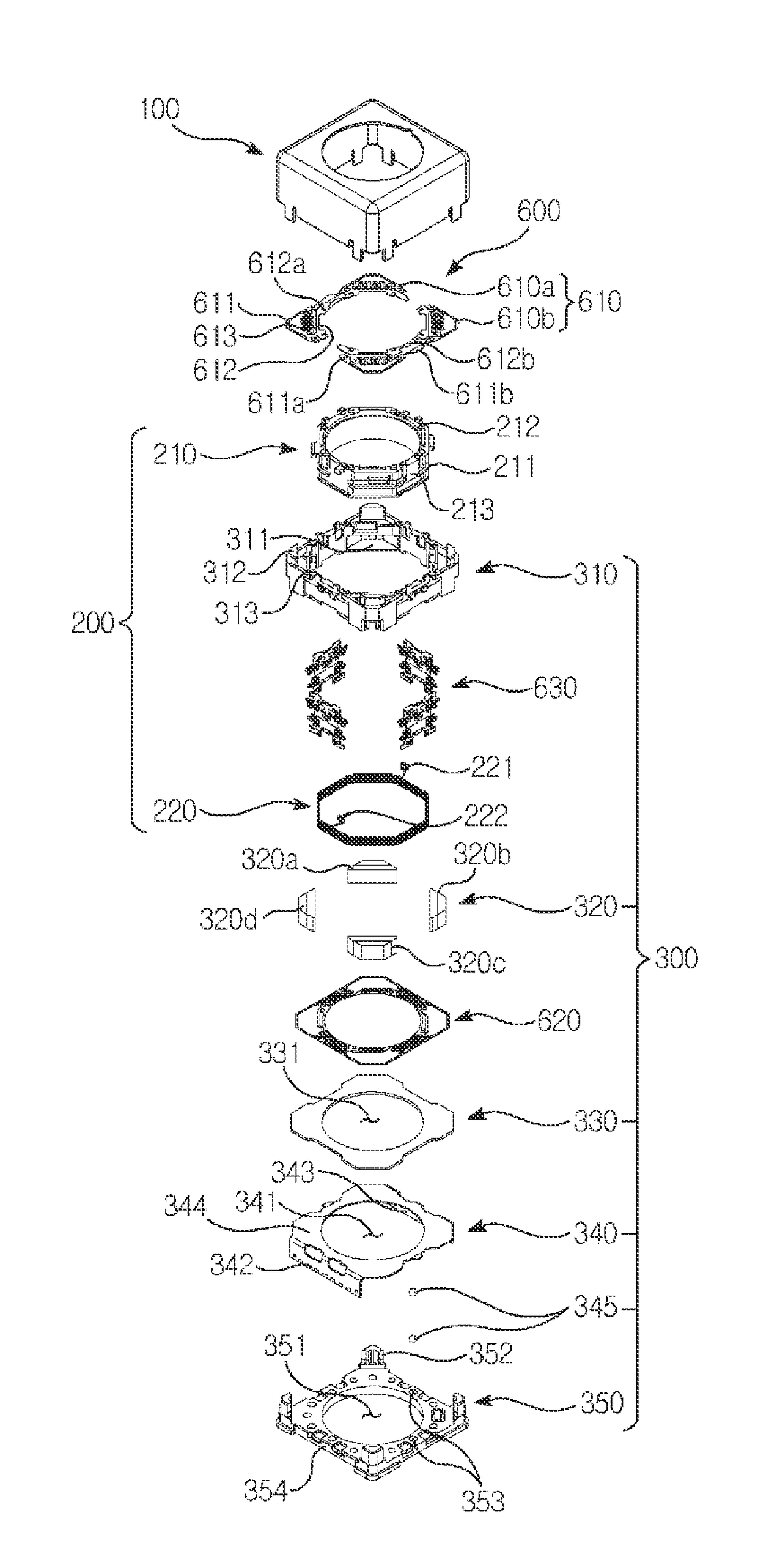 Unit for actuating lens, camera module, and optical apparatus