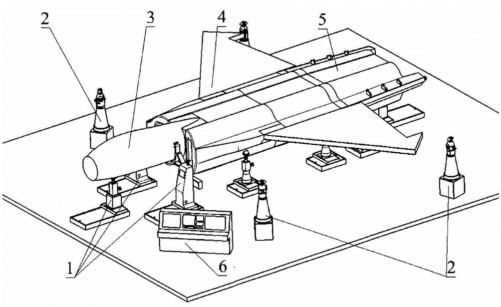 Indoor-GPS-based (indoor global positioning system-based) stress-free assembly system for large-size airplane parts, and application thereof