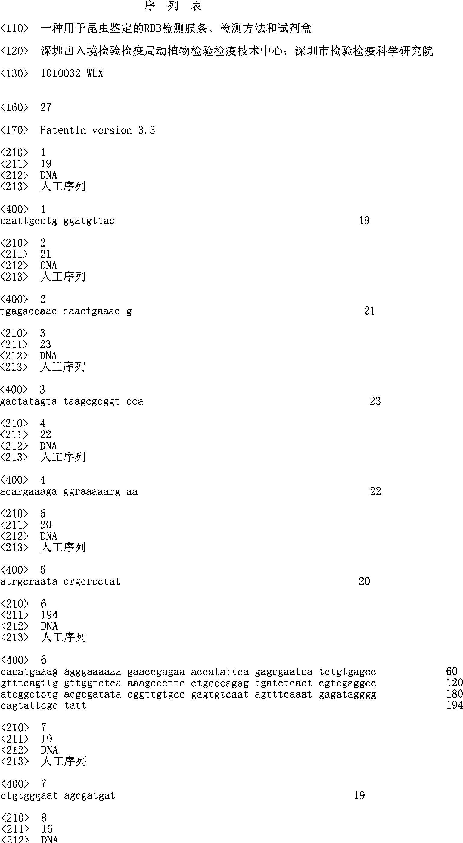 Reverse dot blot (RDB) detection membrane strip, detection method and kit for identifying insects