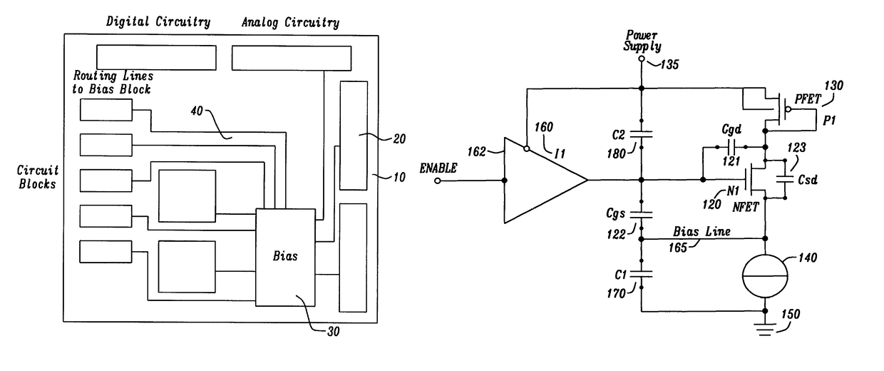 Apparatus and method for a voltage regulator with improved power supply reduction ratio (PSRR) with reduced parasitic capacitance on bias signal lines