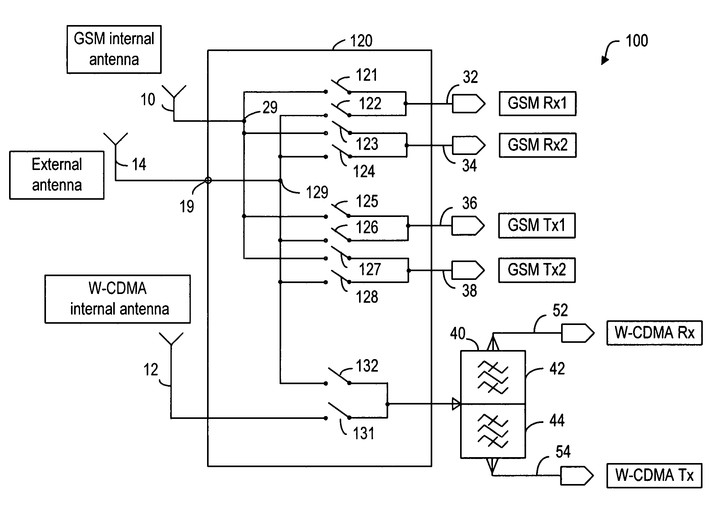 Method and device for selecting between internal and external antennas