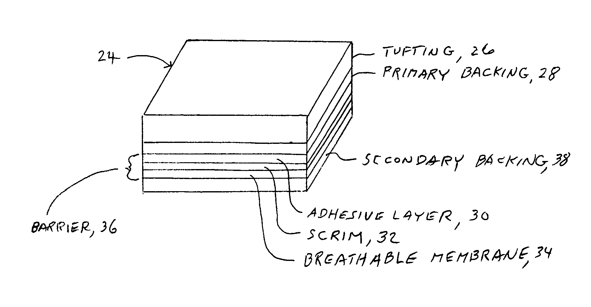 Construction of carpet with breathable membrane for eliminating moisture from surface covered by the carpet