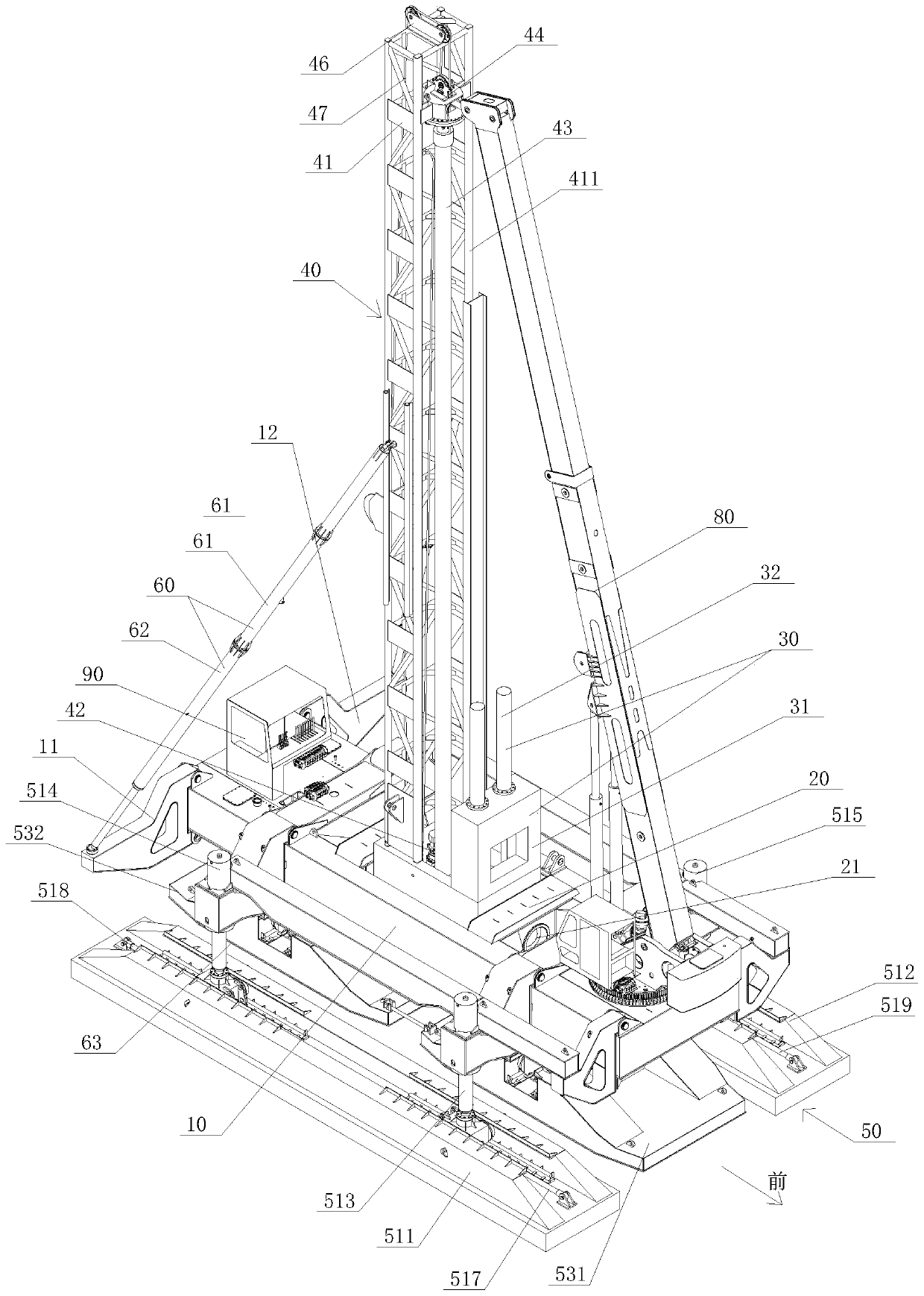 End-supporting variable-amplitude stirring and pile pressing integrated machine as well as construction method thereof