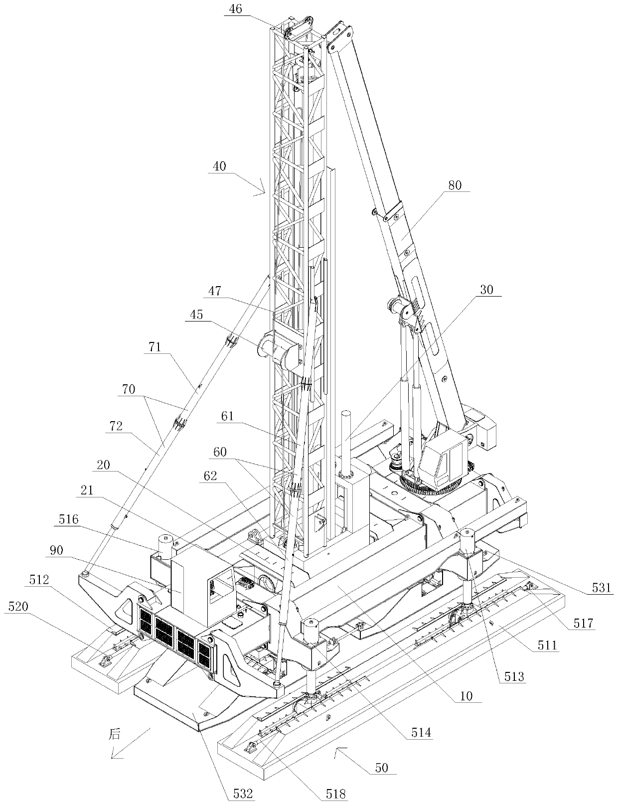 End-supporting variable-amplitude stirring and pile pressing integrated machine as well as construction method thereof