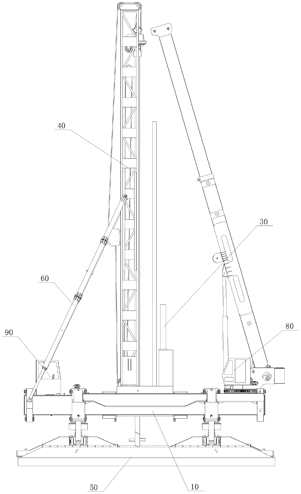 End-supporting variable-amplitude stirring and pile pressing integrated machine as well as construction method thereof