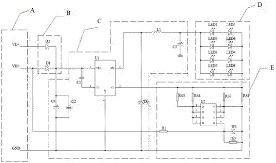 LED constant current drive circuit and device using step-down constant current drive unit