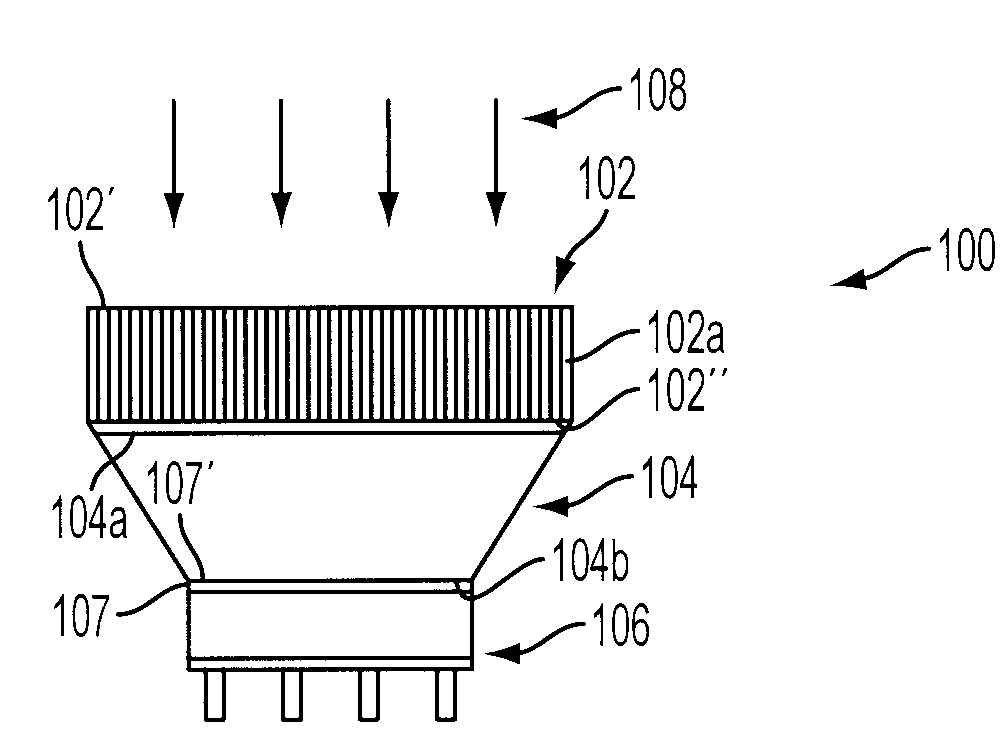 Light guide having a tapered geometrical configuration for improving light collection in a radiation detector